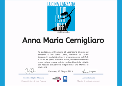 Attestati di partecipazione al corso di canto ed emozioni Il Tuo Canto Libera di Lucina Lanzara