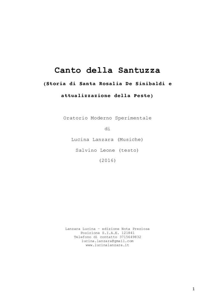 Copione Canto della Santuzza - testo Salvino Leone - Musica Lucina Lanzara